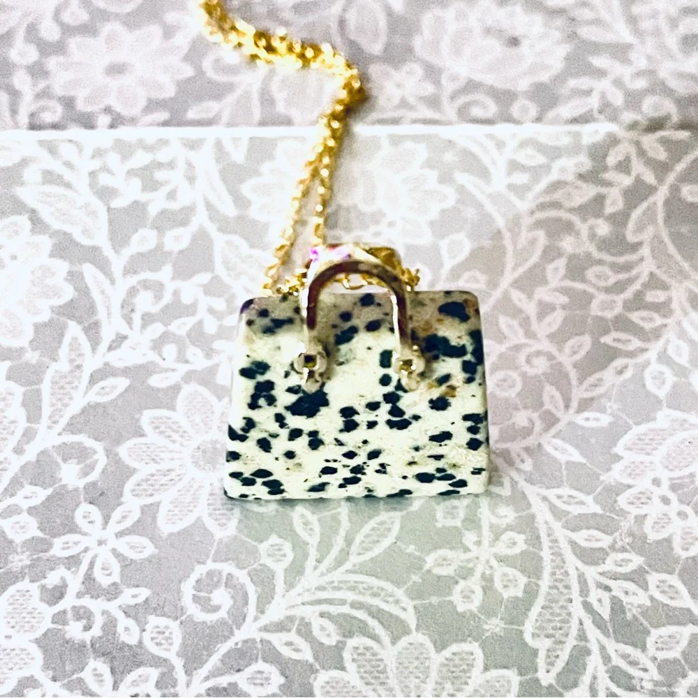 New Artisan 14k Gold Lady Christian Dior Dalmatian Jasper Handbag Necklace - Picture 12 of 17